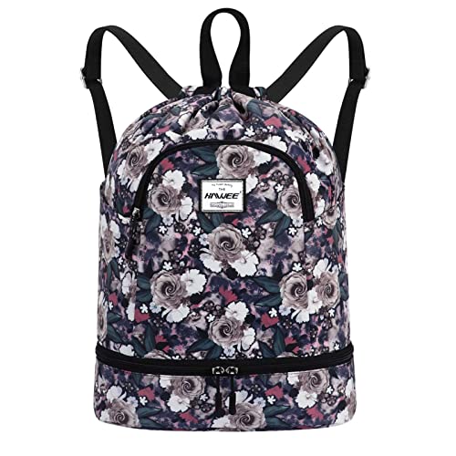 Dry Wet Drawstring Backpack with Shoe Compartment for Women Adjustable Gym Bag - color: Gray Rose