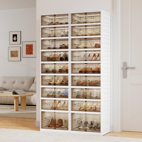 9-Tier Foldable Shoe Rack Organizer, 36 Pairs Stackable & Collapsible Shoe Cabinet with Transparent Doors & Leather Handles, Space-Saving Storage for Entryway, Closet, Kitchen, Cabinet, White - size: 9 Tiers