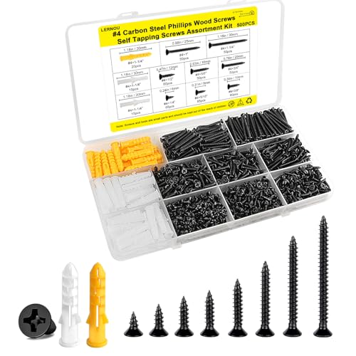 #4 Wood Screws Assortment Kit, Small Screws Set 500pcs, Short Cabinet Screw, Phillips Flat Head Self-Tapping Screw, Black Screws, Carbon Steel, Contains 50pcs M6 Screw Anchors - color: Black, size: #4-500pcs