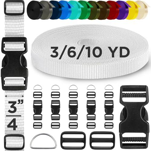 TECEUM 3/4" Nylon Strap Kit with Buckles, White 6 yards Repair Set | Heavy duty hardware kit: 6yd webbing, 6 quick release buckles, 12 tri-glide slide clips, 6 metal D-rings for crafting. - color: White, size: 3/4" - 6 yards, style: 6 Buckle - 12 Slides -