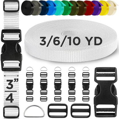 TECEUM 3/4" Nylon Strap Kit with Buckles, White 6 yards Repair Set | Heavy duty hardware kit: 6yd webbing, 6 quick release buckles, 12 tri-glide slide clips, 6 metal D-rings for crafting. - color: White, size: 3/4" - 6 yards, style: 6 Buckle - 12 Slides -
