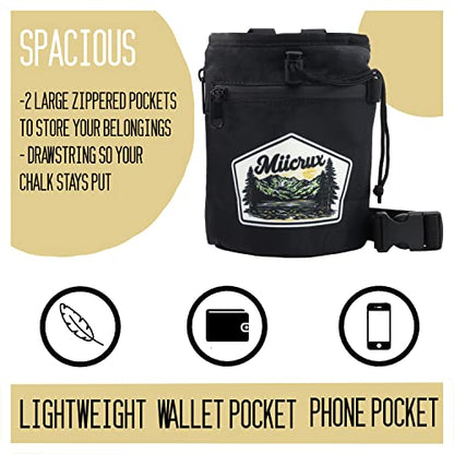 Chalk Bag, Rock Climbing, Bouldering, Adjustable Belt, 2 Zippered Pockets, Brush Loops, Weightlifting, Gymnastic, Crossfit