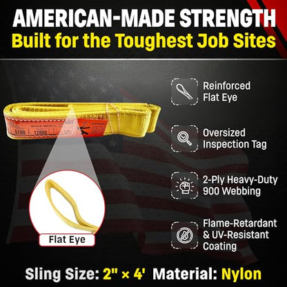 DD Sling 2 Inch x 4 Foot Nylon Lifting Sling – USA Made, 6,400 lb Vertical, 5,100 lb Choker, 12,800 lb Basket – 2-Ply Heavy Duty 900 Webbing, Type 3 Flat Eye & Eye Rigging Sling | 6,400 lb Vertical, 5,100 lb Choker, 12,800 lb Basket – 2-Ply Heavy Duty 900