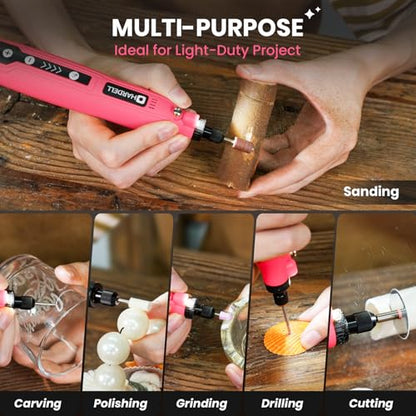 HARDELL Mini Cordless Rotary Tool, 4V 129pcs Rechargeable Rotary Tool Kit | USB Charging Multi-Purpose DIY Tool for Sanding, Polishing, Drilling, Engraving, Woodworking, Craft - style: Pink-129 accessories