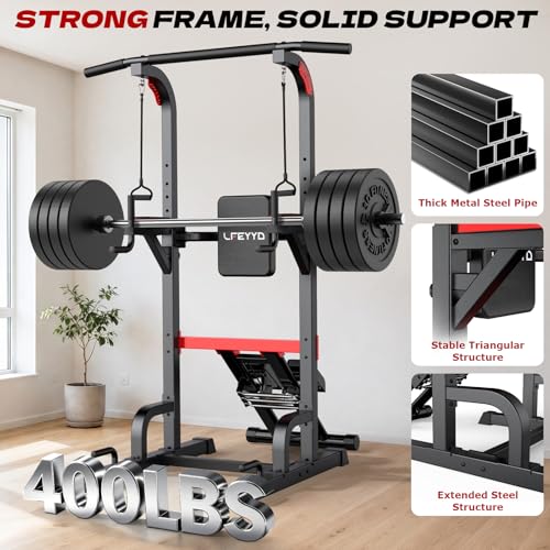 Power Tower Pull Up Bar Free Standing,Multi-Level Adjustable Height Dip Station, Multi-Grip Handles,Backrest,Home Gym Strength Training Equipment with Power Elastic Ropes,Capacity 400LBS