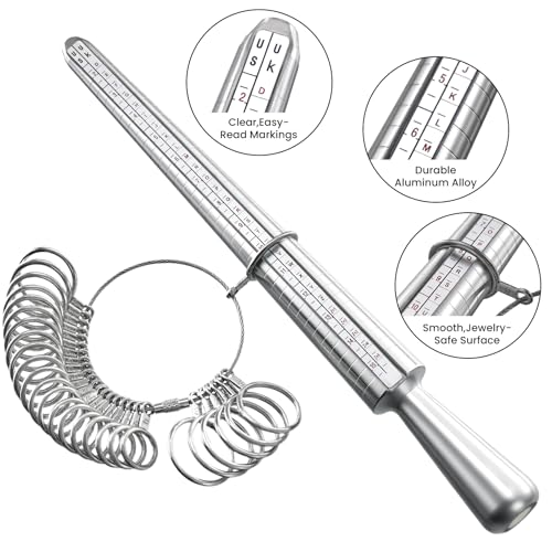 Meowoo Ring Sizer Measuring Tool Set, Ring Gauges with Finger Sizer Mandrel Ring Sizer Tools for Jewelry Sizing Measuring, 4 pcs, Silvery