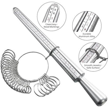 Meowoo Ring Sizer Measuring Tool Set, Ring Gauges with Finger Sizer Mandrel Ring Sizer Tools for Jewelry Sizing Measuring, 4 pcs, Silvery