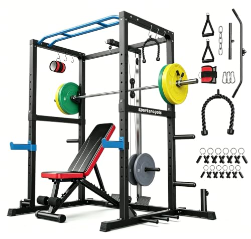 SPORTSROYALS Power Rack, Multi-Functional Power Cage, Squat Rack with Pulley System & LAT Pull Down, Workout Cage with J Hooks for Home Gym - color: Blue, style: 140LB Colorful Package with BC