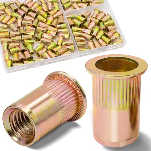 10-24 UNC Rivet Nut, 125Pcs Zinc Plated Finish Carbon Steel Flat Head Threaded Insert Nutsert Kit - color: Yellow, size: SAE #10-24 - 125 Pcs