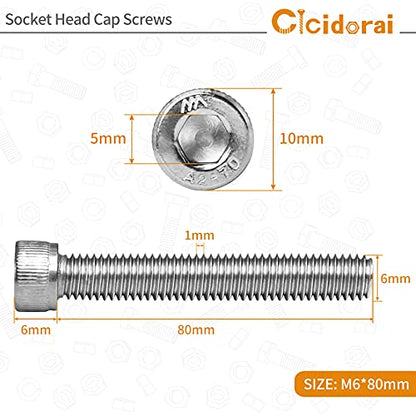 M6-1.0 x 80mm Socket Head Cap Screws Bolts, 304 Stainless Steel (A2-70), Allen Socket Drive, Bright Finish, Full Machine Threads, Quantity 10 - size: M6 x 80mm(10 PCS)