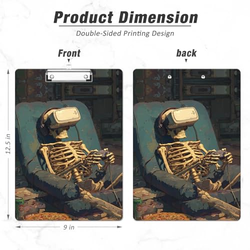 Rimilak Wood Clipboard, 8.5x11 Hardboard Clip Board, Game Skeleton | Fun Design, Cute Custom Pattern, 9 x 12.5 in Letter Size for Classroom, Teachers, Kid, Woman, School & Office Supply - color: Game Skeleton