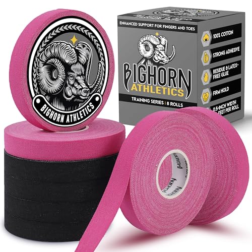 Bighorn Athletics Finger Tape, 0.5-Inch x 45-Feet, 8 Rolls, Black/Pink | Athletic Sports Tape for Jiu Jitsu, Climbing, Volleyball, Golf. Hands & Toes Support. Residue-Free, Zinc Oxide Adhesive. - color: Black & Pink, size: 0.5-Inch