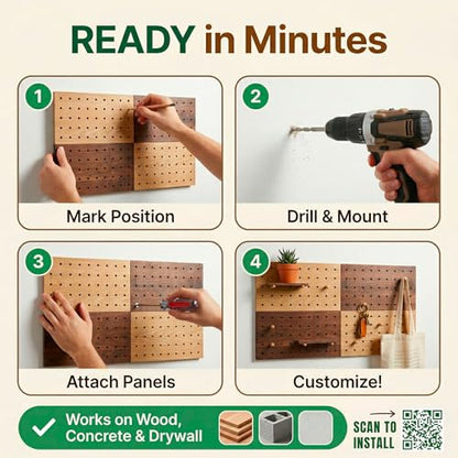 Wooden Pegboard Wall Organizer Kit – Modern Density Wood Peg Board with Shelves & Hooks – 2 Tone Natural & Brown Wood-Look Wall Organizer for Office Setup or Home Decor Storage Rack