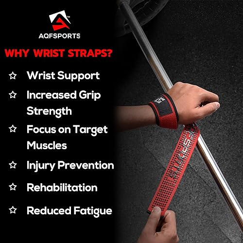 AQF Weight Lifting Straps, Padded Cotton Gym Wrist Straps for Deadlifts | 23" Extra-Long, Heavy-Duty Webbing, 5mm Neoprene Cushioning, Open-Loop Design, Sold as Pair, Ideal for Rows & Pull Workout - color: Red Gel Grip