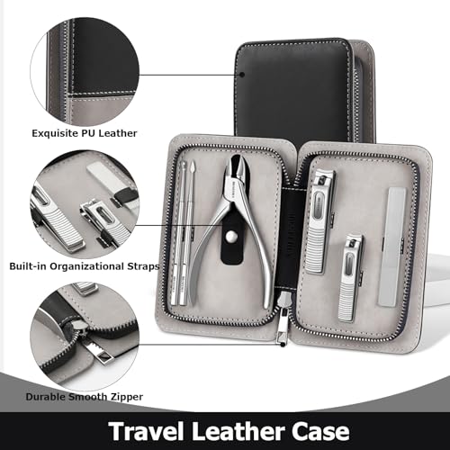 Manicure Set, Nail Cutters Set with Travel Leather Case, Professional Manicure Tools for Thick Nail & Ingrown Nail, Nail Cutters for Men and Women, Silver