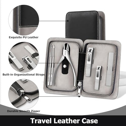 Manicure Set, Nail Cutters Set with Travel Leather Case, Professional Manicure Tools for Thick Nail & Ingrown Nail, Nail Cutters for Men and Women, Silver