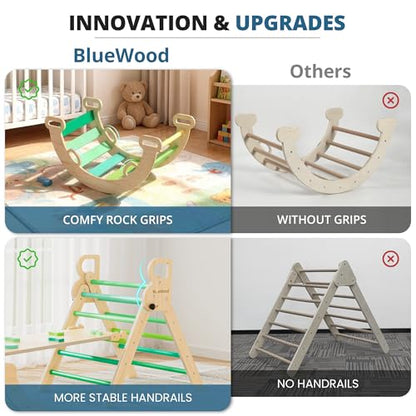 BlueWood Pikler Triangle Set, Toddler Climbing Toys Indoor 7in1 Foldable | Wooden Climber for Kids, Montessori Philosophy Play Jungle Gym with Arch, Ramp, Ladder (Green Summer) - color: Green Summer