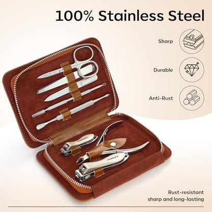 FAMILIFE Manicure Set, Nail Clippers Pedicure Tool, 8 pcs Stainless Steel Manicure Kit Professional Grooming Tool, Nail Kit with Portable Brown Leather Travel Case Luxury Gifts for Men Women - color: Brown-1