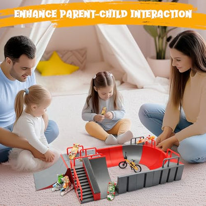 Fingerboard Skate Park Kit — 18 in 1 Finger Skateboard Toys with 13 Ramps 3 Mini Fingerboards Skateshoes & Mini Bikes, Extra Large Ultimate Training Props Interactive Game for Adults Kids 6+