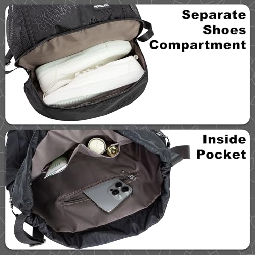 HOLYLUCK Drawstring Backpack Gym Bag with Shoe Compartment for Soccer,Basketball, String Swim Beach Bag for Men Women, Black - color: Black