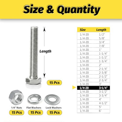 15 Sets 1/4-20x3-1/4 Bolt and Nut Set, Flat & Lock Washers Included,60PCS | 304 Stainless Steel 1/4-20 Bolt, Precision Fasteners Mechanical Assembly Equipment Repair & DIY - size: 1/4-20x3-1/4" 15sets