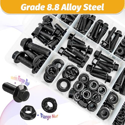 Kadrick Metric Flange Bolt Assortment. 300Pcs M6 M8 M10 Bolt Kit,M6 x1.0 M8 x1.25 M10-1.25 (12mm to 35mm) Hex Bolts Nuts and Washers Kit,Black Zinc Plated - size: M6 M8 M10 300Pcs Flange HEX