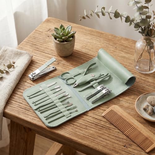 Travel Manicure Set, Mini Nail Clipper Set of 16, Fingernail Set for Men Women with Leather Case, Grooming Kit with Nail Care Tools Beauty Scissors Tweezers (Jade Green)