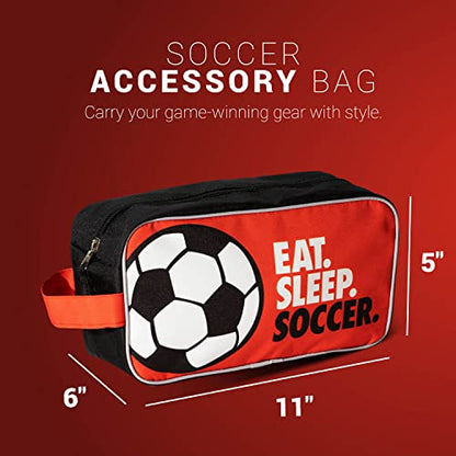 ChalkTalkSPORTS Soccer Toiletry Bag - Eat Sleep Soccer - Red & Black | Polyester, Center Zipper, Side Handle, 11 x 6 x 5 Inches, Sports Camp Bag, Pencil Case, Dopp Kit, Soccer Gift - color: Eat Sleep Soccer