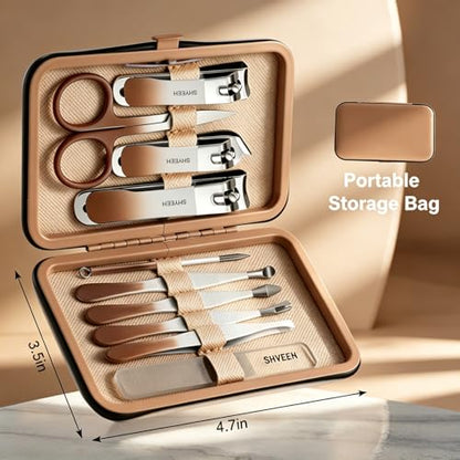 Manicure Set, 10 pcs High-Carbon Steel Nail Clippers Set, Portable Mini Manicure and Pedicure Kit, Travel Grooming Nail Kit with Leather Bag for Men and Women - color: Brown