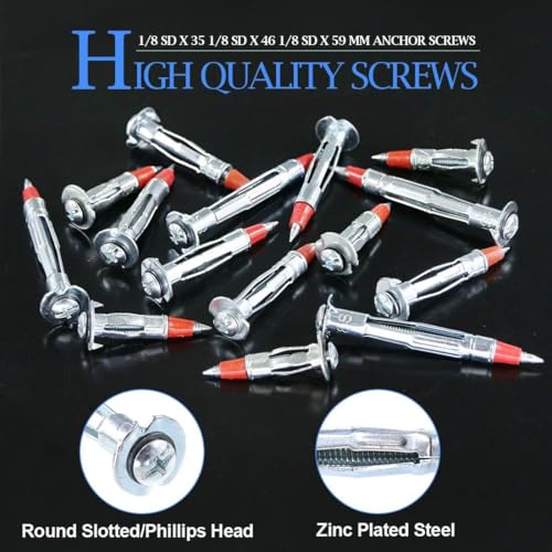 Glarks 60Pcs Heavy Duty 1/8 inch 35/46/59mm Zinc Plated Steel Molly Bolt Drive Hollow Drive Wall Anchor Screws Assortment Kit - size: 1/8SDx35mm, 1/8SDx46mm, 1/8SLDx59mm Kit