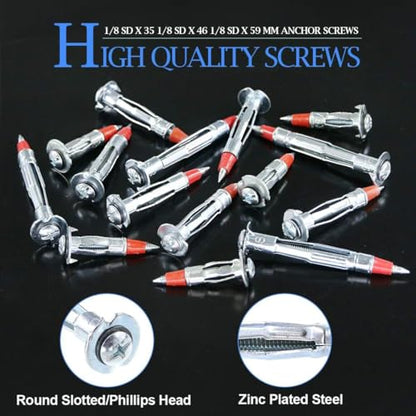 Glarks 60Pcs Heavy Duty 1/8 inch 35/46/59mm Zinc Plated Steel Molly Bolt Drive Hollow Drive Wall Anchor Screws Assortment Kit - size: 1/8SDx35mm, 1/8SDx46mm, 1/8SLDx59mm Kit