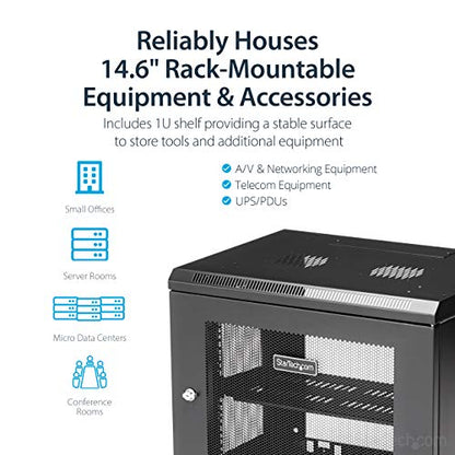 StarTech 9U Wall-Mount Cabinet, 19in, 2-Post, 15in Deep, 198lb (RK9WALM) | Enclosed locking server rack kit for IT data equipment, Max depth 15in, SPCC steel, Includes 1U shelf, Assembled - size: 9U, style: fixed 15" depth