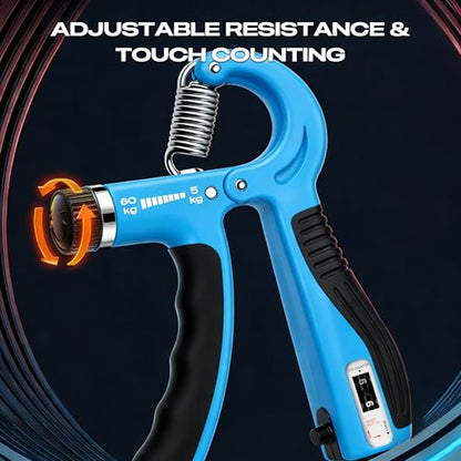 JTHEW Grip Strength Trainer - Adjustable Resistance 11-132lbs/5-60kg Hand Gripper & Forearm Strengthener Device with Smart Counter for Sports & Rehab - color: Blue