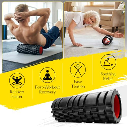 Foam Roller 13" High-Density Deep Tissue for Muscle Recovery | Patented Muscle Roller for Muscle Massage and Myofascial Trigger Point Release Back Roller for Fitness, Yoga, Pilates, Black - color: Black