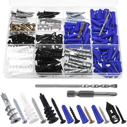 192Pcs Self Drilling Drywall Anchor Assortment Set Plastic Metal Wall Anchors and Screws Kit for Cement Walls, Hollow Walls, Wood Walls and Brick Wall