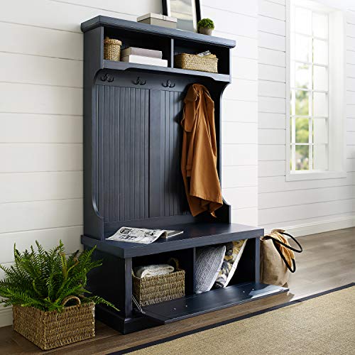 Crosley Furniture Seaside Hall Tree with Shoe Rack Bench and Coat Hooks for Hanging Storage, Distressed Navy - color: Distressed Navy, style: Hall Tree