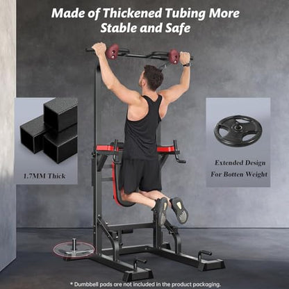 Pooboo Power Tower Dip Station Pull Up Bar for Fitness Home Gym Workout,450 Pounds Multi-Function Adjustable Height Fitness Strength Training Exercise Equipment,with Power Elastic Ropes - color: Black-05