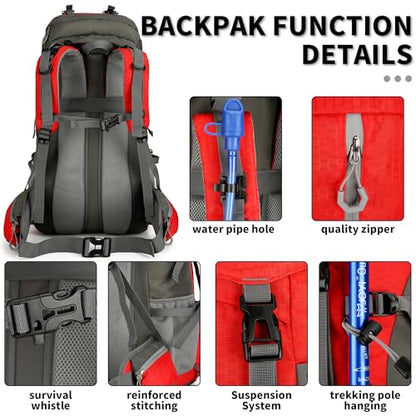 60L Hiking Backpack, Waterproof Camping Backpacking Backpack for Men Outdoor Traveling Climbing Daypack with Rain Cover (Red) - color: Red