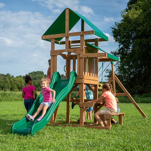 Backyard Discovery Belmont Cedar Wood Swing Set with Wave Slide, Play Deck, Rock Wall Ladder, Snack Bar Window, Shaded Picnic Area, Bench, Belt Swings, Trapeze, Sandbox Area, Canopy, Outdoor Playset - color: Green
