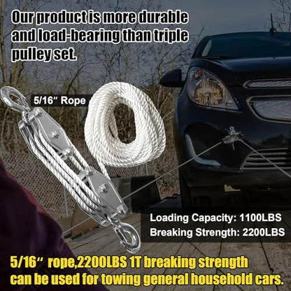 Rope Hoist Pulley System Multifunctional 2200 LBS Breaking Strength | 3/8 Rope for Lifting Hoisting Rigging Garage Shop Hunting Farm Construction Industrial Warehouse Marine Overhead Recovery - color: White