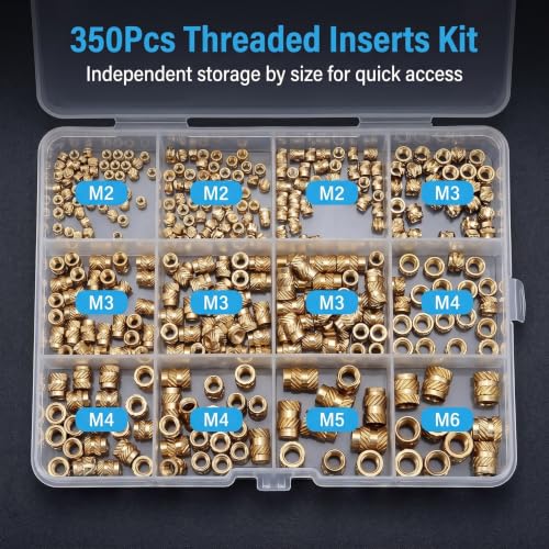 350Pcs Threaded Inserts, M2-M6 Heat Set Inserts for 3D Printing | Metric Brass Knurled Inserts Assortment Kit with M2 M3 M4 M5 M6 for Plastic, DIY Projects - size: M2-M6 Set（350pcs）