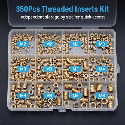 350Pcs Threaded Inserts, M2-M6 Heat Set Inserts for 3D Printing | Metric Brass Knurled Inserts Assortment Kit with M2 M3 M4 M5 M6 for Plastic, DIY Projects - size: M2-M6 Set（350pcs）