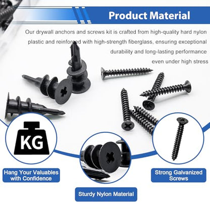 smseace 151Pcs Black Self Drilling Drywall Anchors with Screws Kit, 75Pcs #8 Self-Tapping Screw, 75Pcs Drywall Anchor, 1Pcs Drill bit Holds Upto 75lbs - color: Black