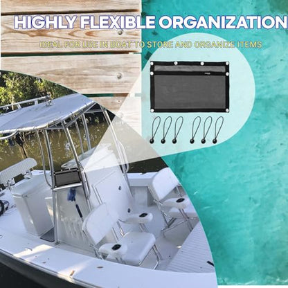 Boat Storage Bag,Polyester Boat Mesh Suspended Storage Bag,Black Boats Storage Mesh Pocket,Boat Seat Storage Bag for Leaning Post with 6 Positioning Elastic Loops. (24" L x 15" W) - size: 24"L x 15"W