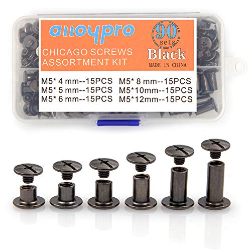 Alloypro 90 Sets Chicago Screws Assorted Kit 6 Sizes Gun Metal Leather Rivets 3/16(5mm) Screw Rivets Phillip Head Book Binding Posts Nail Rivet Chicago Bolts for DIY Leather Craft (5 x 4,5,6,8,10,12) - size: Gun Metal-4,5,6,8,10,12
