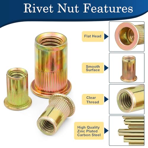 190Pcs M4 Rivet Nuts, Metric Zinc Plated Finish Carbon Steel Flat Head Threaded Insert Nutsert Kit - color: Yellow, size: Metric M4 - 190 Pcs