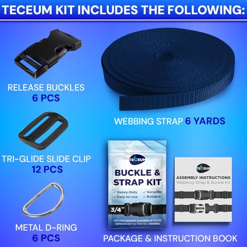 TECEUM 3/4" Nylon Strap Kit with Buckles, Navy Blue 6 yards Repair Set | Heavy duty hardware kit: 6yd webbing, 6 quick release buckles, 12 tri-glide slide clips, 6 metal D-rings for crafting. - color: Navy Blue, size: 3/4" - 6 yards, style: 6 Buckle - 12
