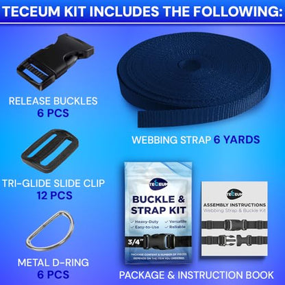 TECEUM 3/4" Nylon Strap Kit with Buckles, Navy Blue 6 yards Repair Set | Heavy duty hardware kit: 6yd webbing, 6 quick release buckles, 12 tri-glide slide clips, 6 metal D-rings for crafting. - color: Navy Blue, size: 3/4" - 6 yards, style: 6 Buckle - 12