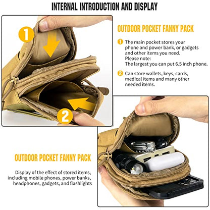 Tactical Molle Pouch Compact Utility Waist Bag Phone Holster Holder for 4.7"-6.9" iPhone 15 Pro Max/15 Pro/14 Plus/14 Pro Max/14/13 Pro Max/13 Pro/12 Pro Max/11 Pro Max - color: Khaki