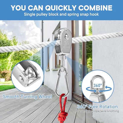 6Pcs 304 Stainless Steel M15 Single Pulley Block, Wire Rope Hanging Wire Towing Wheel, with 6Pcs Spring Snap Hook | 360° anti-twist swivel pulley. For lifting, towing & hanging wire rope on crane/outdoor. Has spring snap hooks for fast fit - size: M15-6pc
